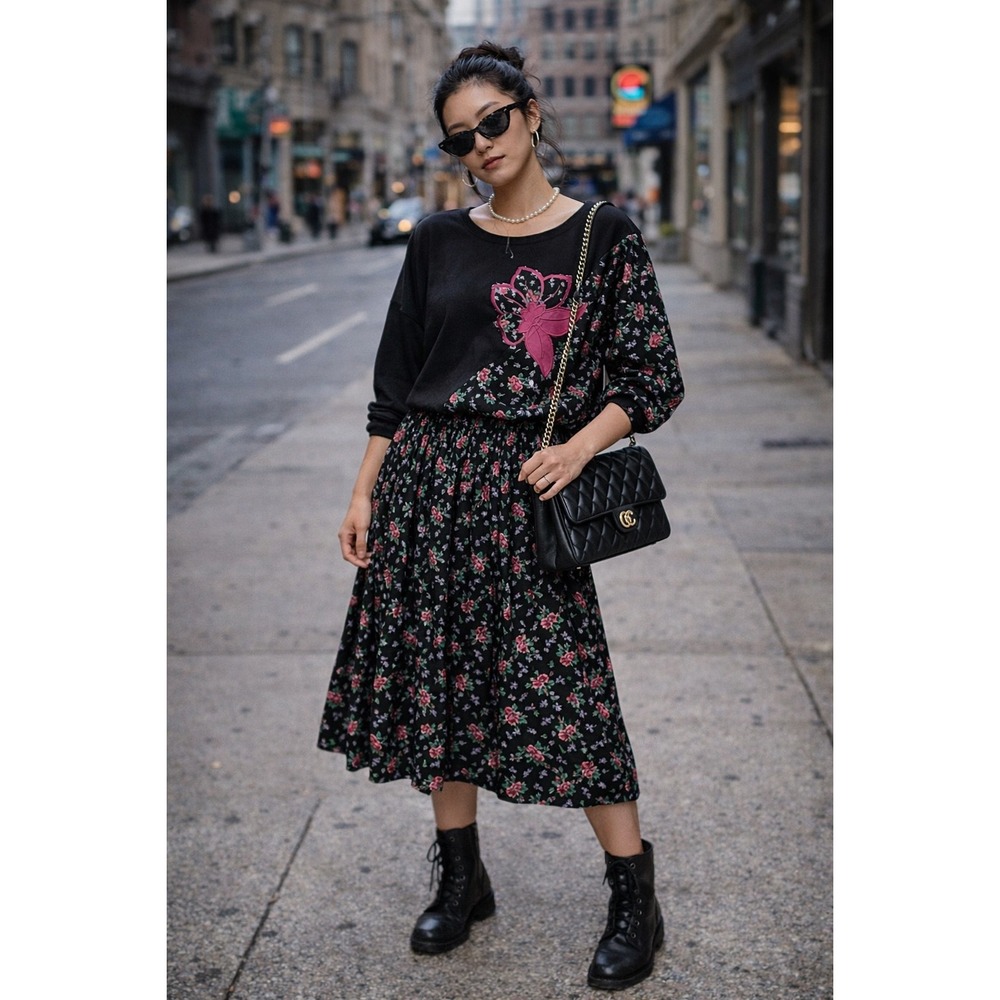 Vintage‎ 80s Coordinated Skirt And Sweatshirt Set Floral Pink Black Dolman Midi